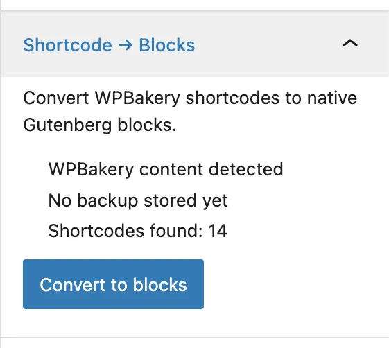 Block Editor sidebar view of conversion button