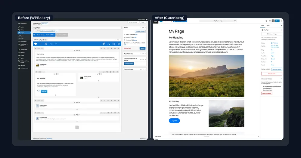 Shortcode to Blocks panel inside the WordPress block editor